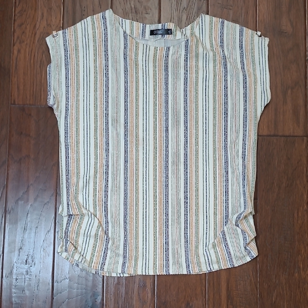 Cure. Colorful Vertically Striped Ribbed Top with Side Ruching size 1XL